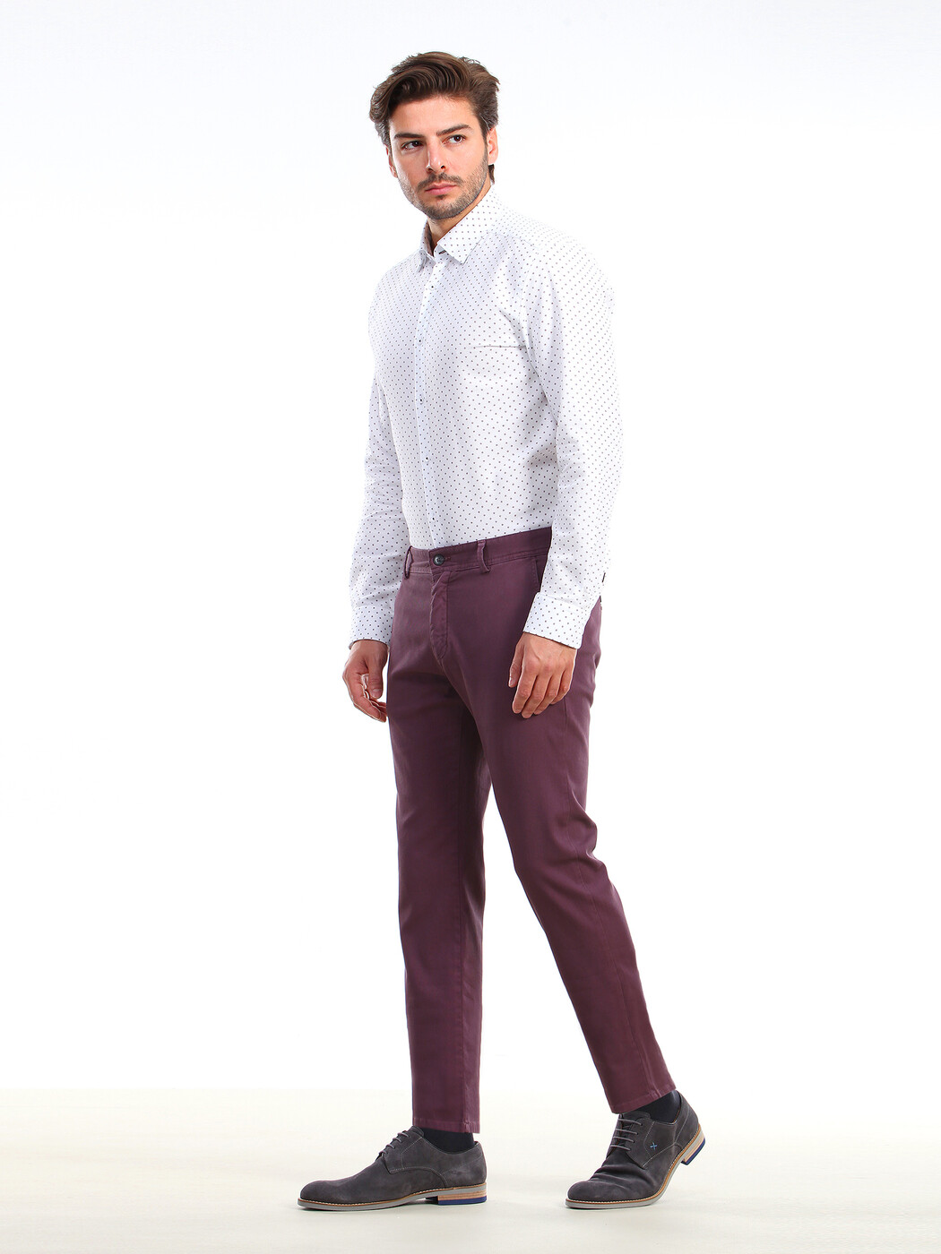 Mürdüm Düz Dokuma Regular Fit Casual Pamuk Karışımlı Pantolon 