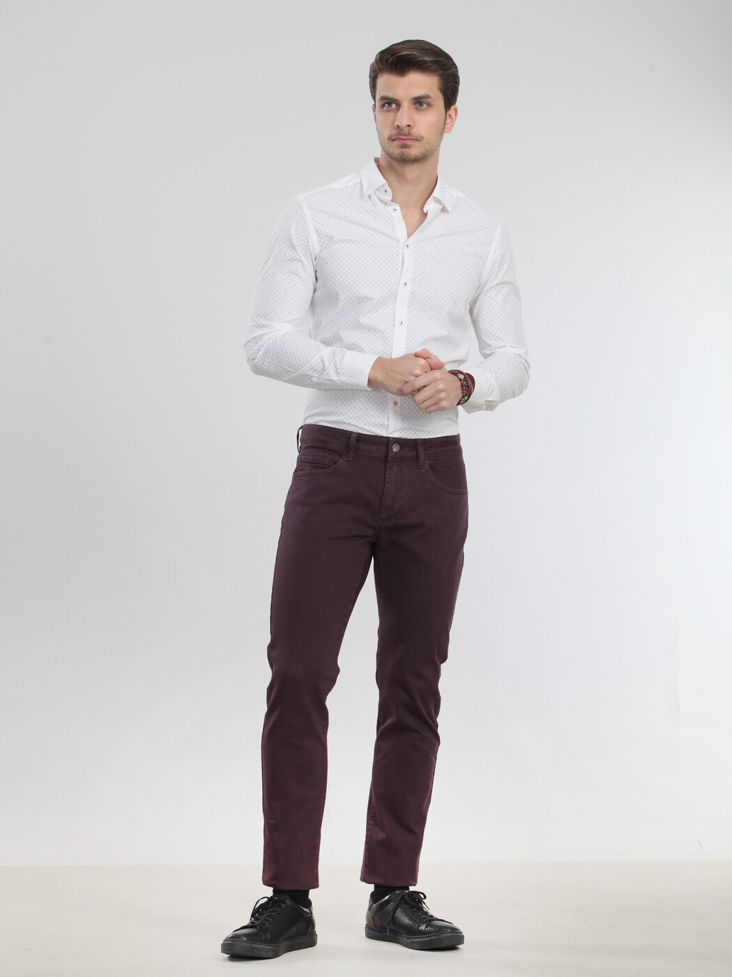 Bordo Düz Dokuma Regular Fit Casual Pamuk Karışımlı Pantolon 