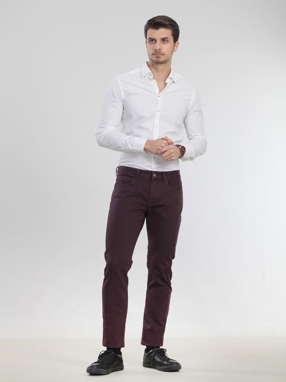 Bordo Düz Dokuma Regular Fit Casual Pamuk Karışımlı Pantolon - 1