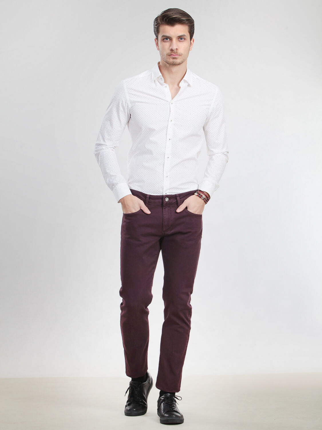 Bordo Düz Dokuma Regular Fit Casual Pamuk Karışımlı Pantolon - 3