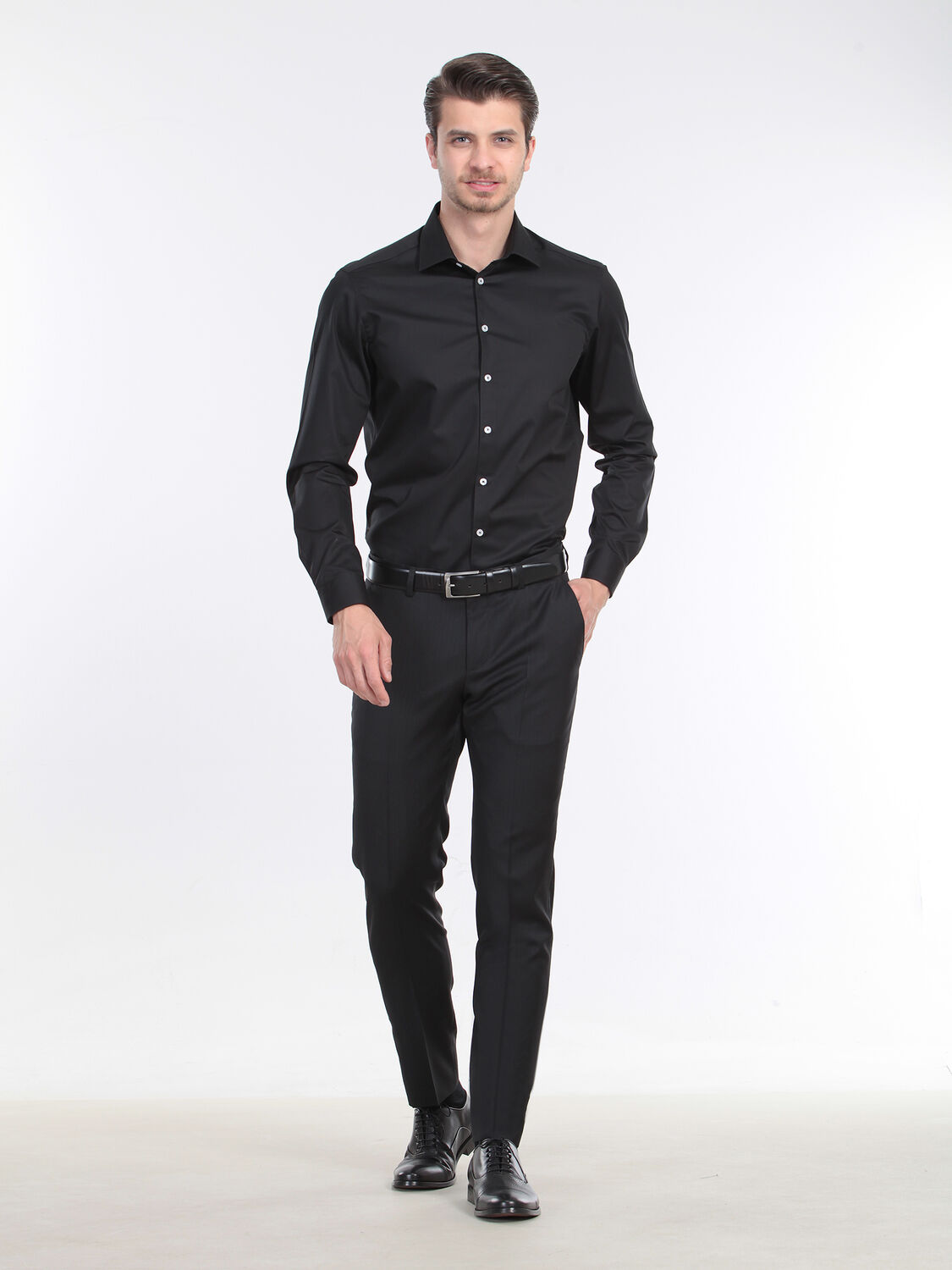 Siyah Düz Slim Fit Dokuma Klasik %100 Pamuk Gömlek - 1