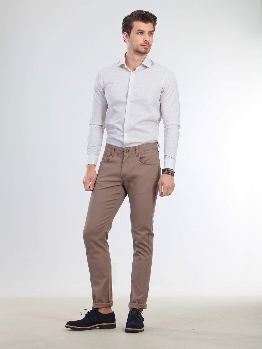 Açık Kahve Düz Dokuma Slim Fit Casual Pamuk Karışımlı Pantolon 