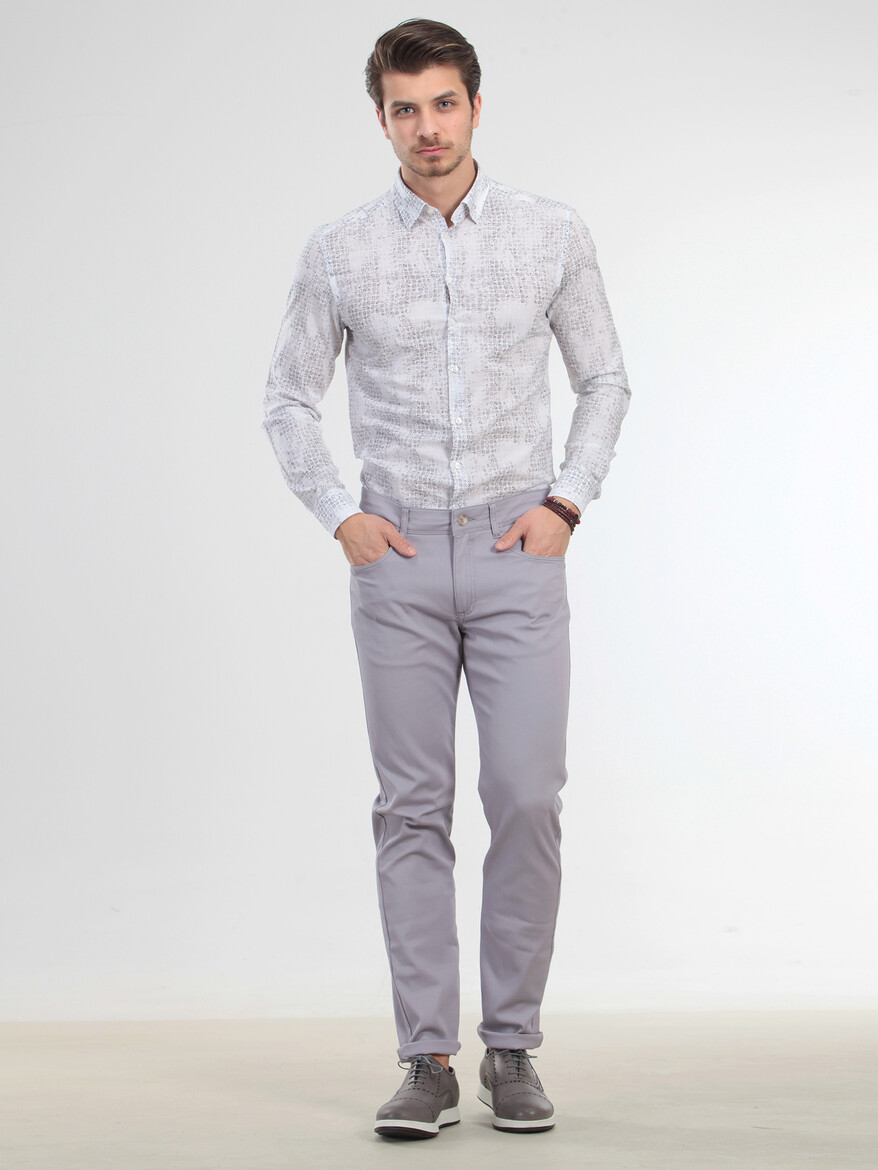 Lila Düz Dokuma Slim Fit Casual Pamuk Karışımlı Pantolon 