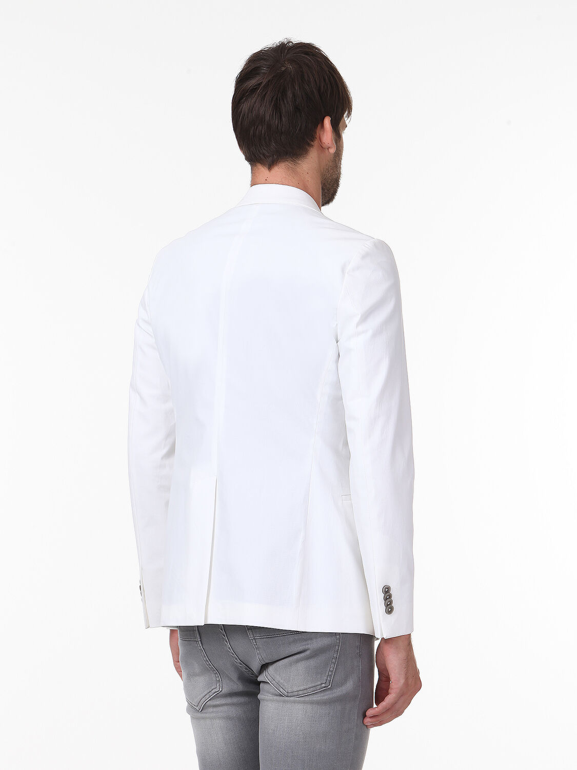 Beyaz Düz Slim Fit Pamuk Karışımlı Ceket