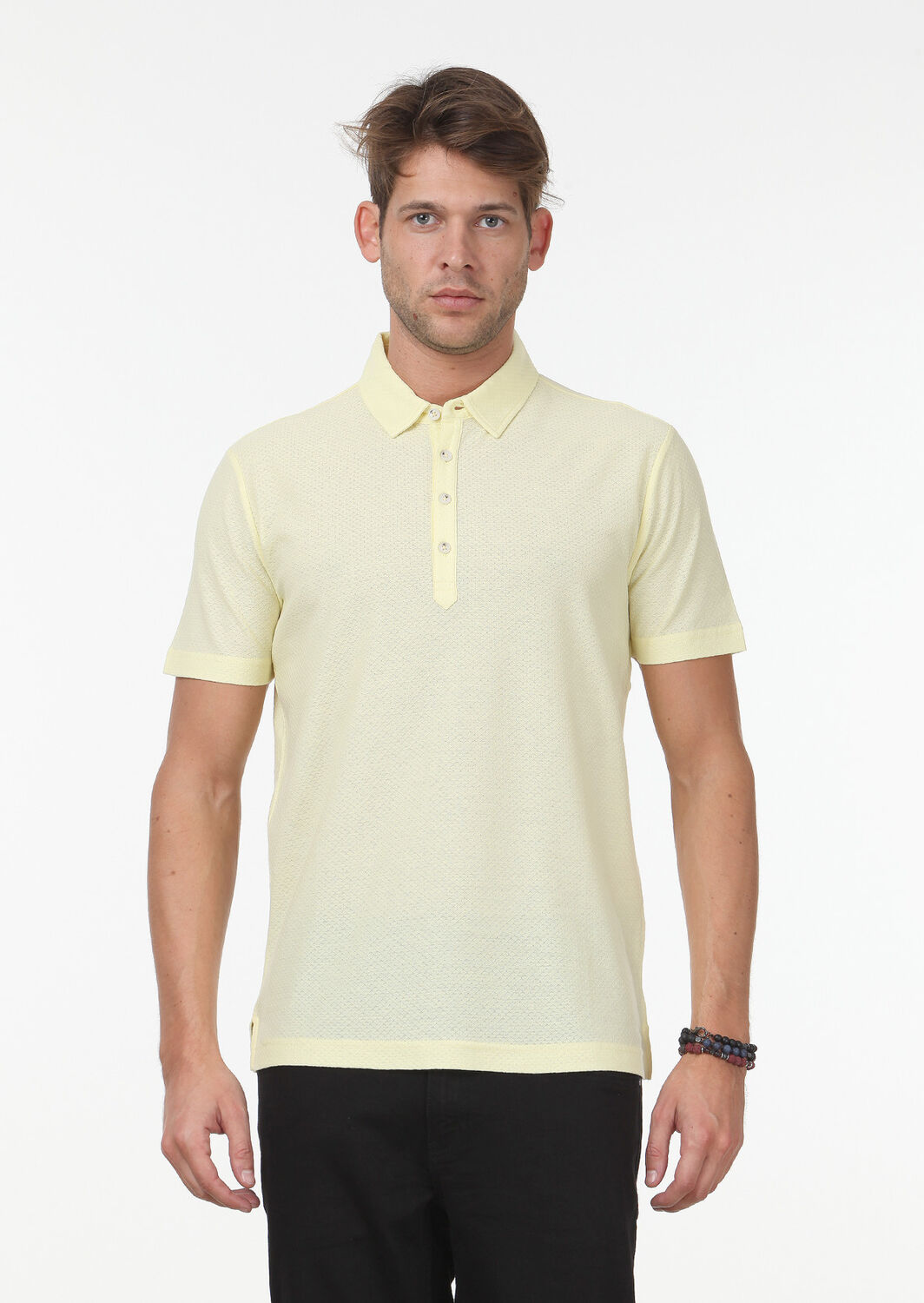 Sarı Jakarlı Polo Yaka %100 Pamuk T-Shirt