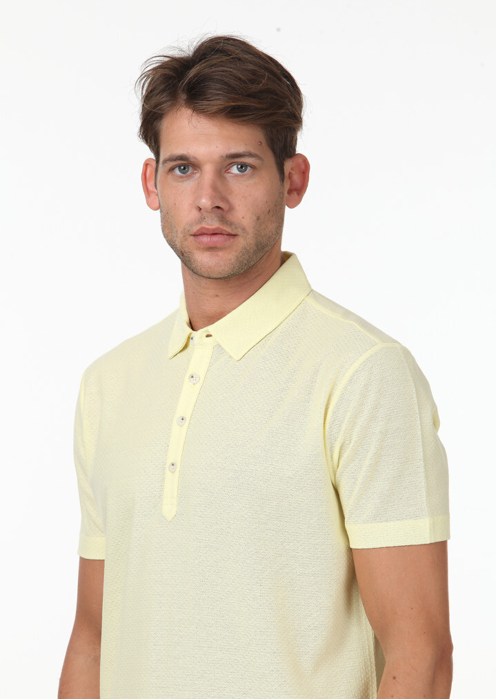 Sarı Jakarlı Polo Yaka %100 Pamuk T-Shirt - Thumbnail