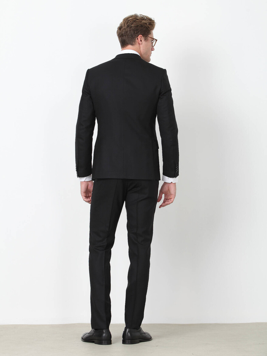 Siyah Desenli Modern Fit %100 Yün Takım Elbise - Thumbnail