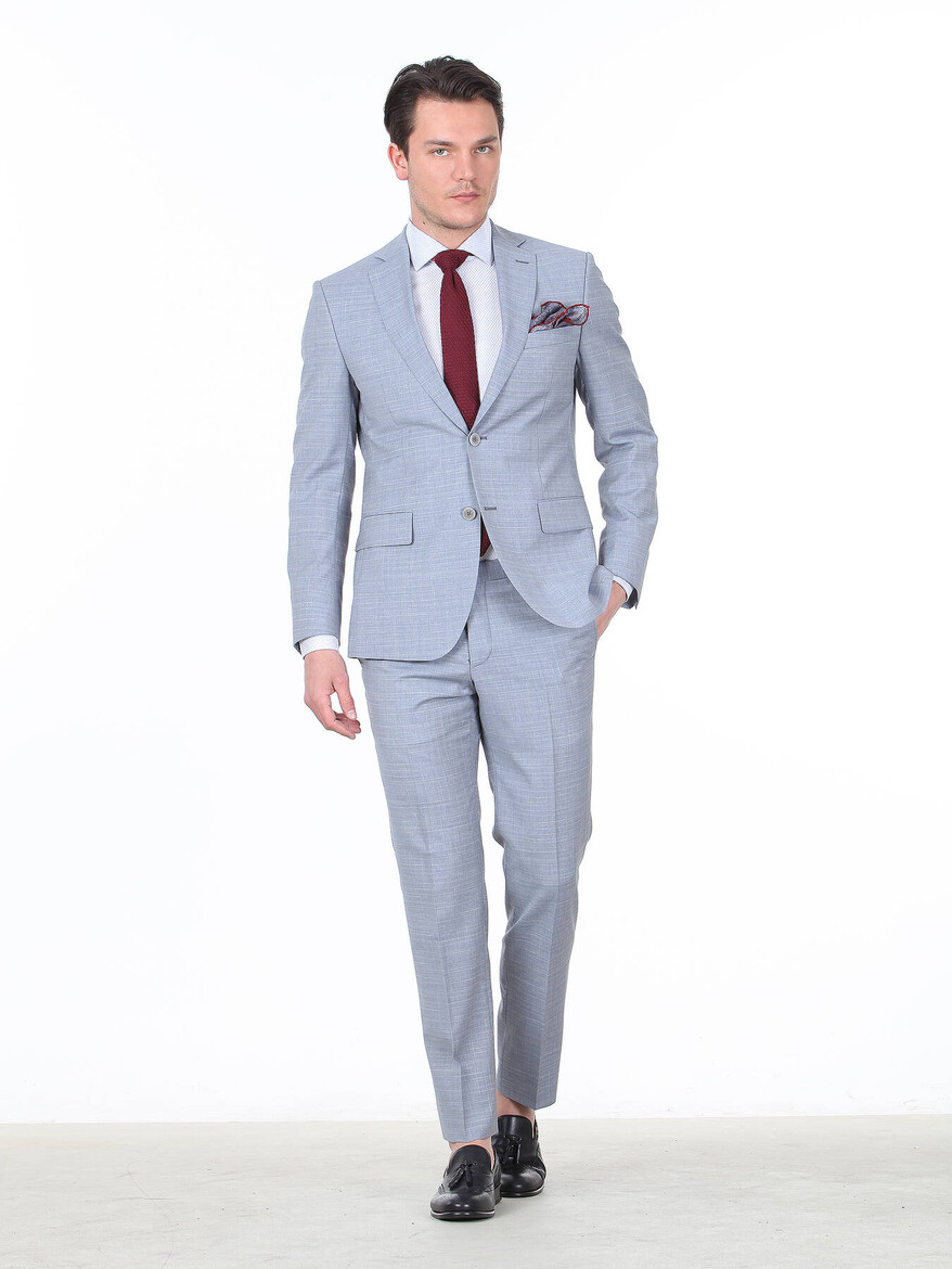 Açık Mavi Kareli Modern Fit %100 Yün Takım Elbise - Thumbnail