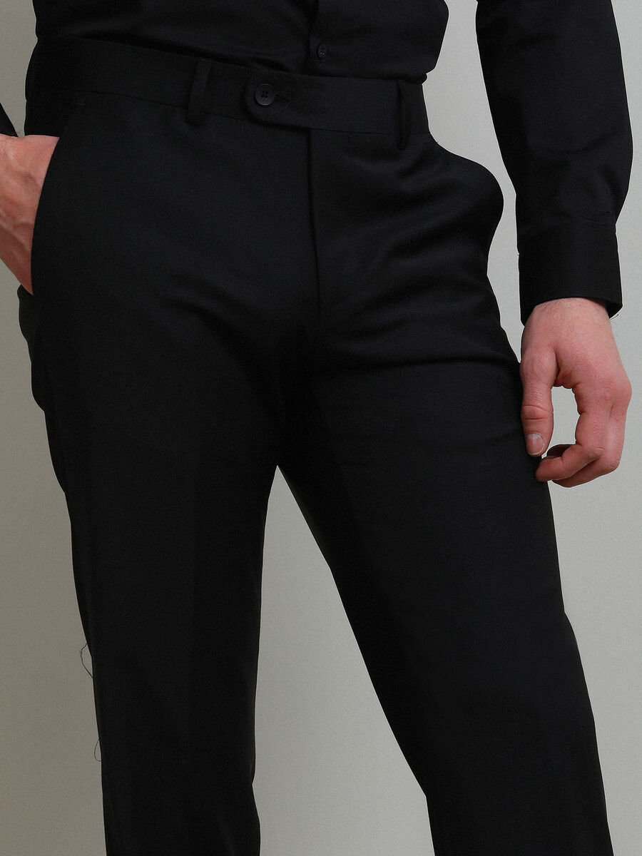 Siyah Düz Dokuma Fitted Fit Klasik Yün Karışımlı Pantolon