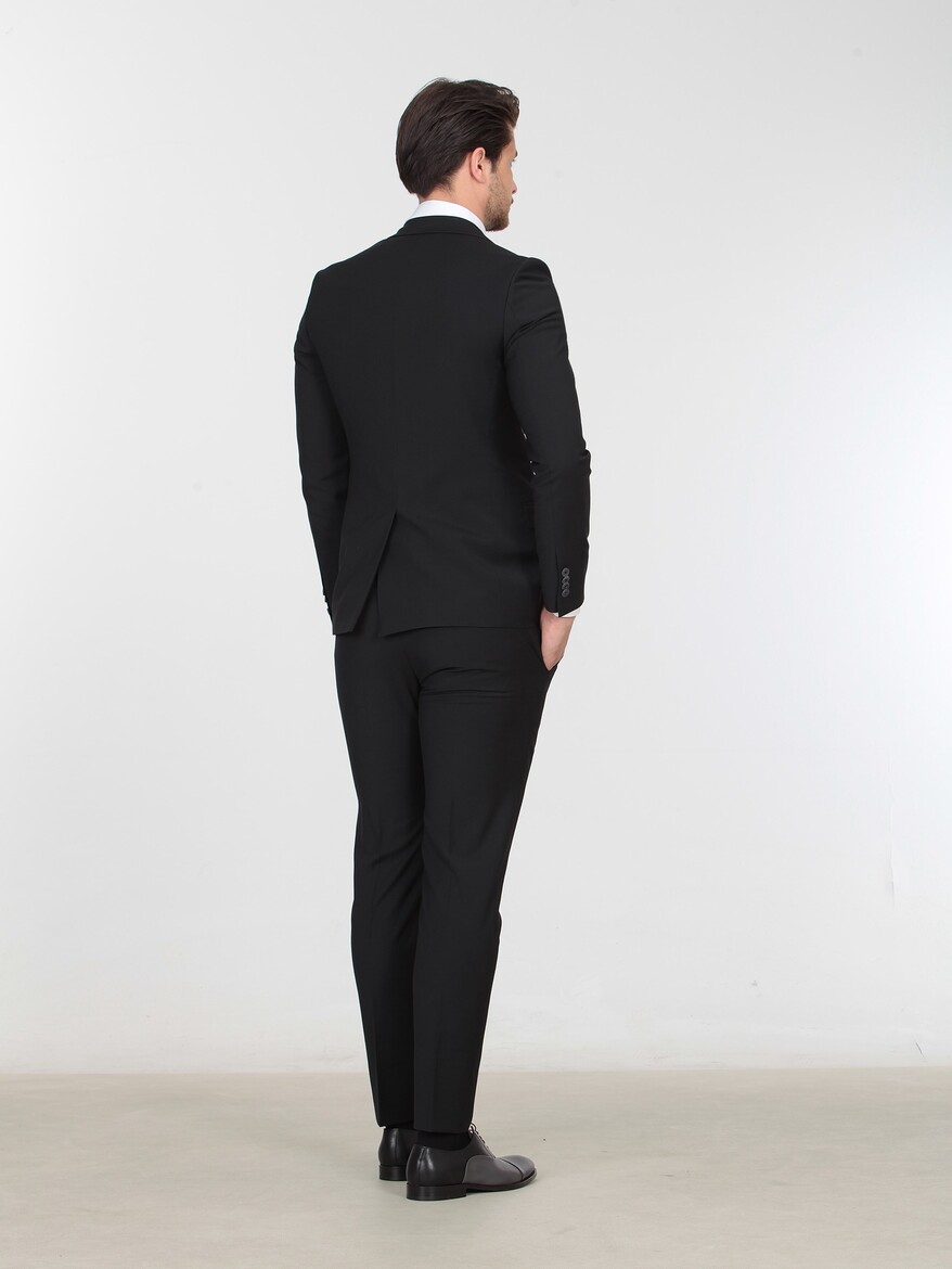 Siyah Düz Slim Fit Yün Karışımlı Takım Elbise - Thumbnail