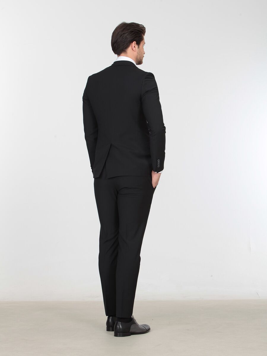 Siyah Düz Slim Fit Yün Karışımlı Takım Elbise