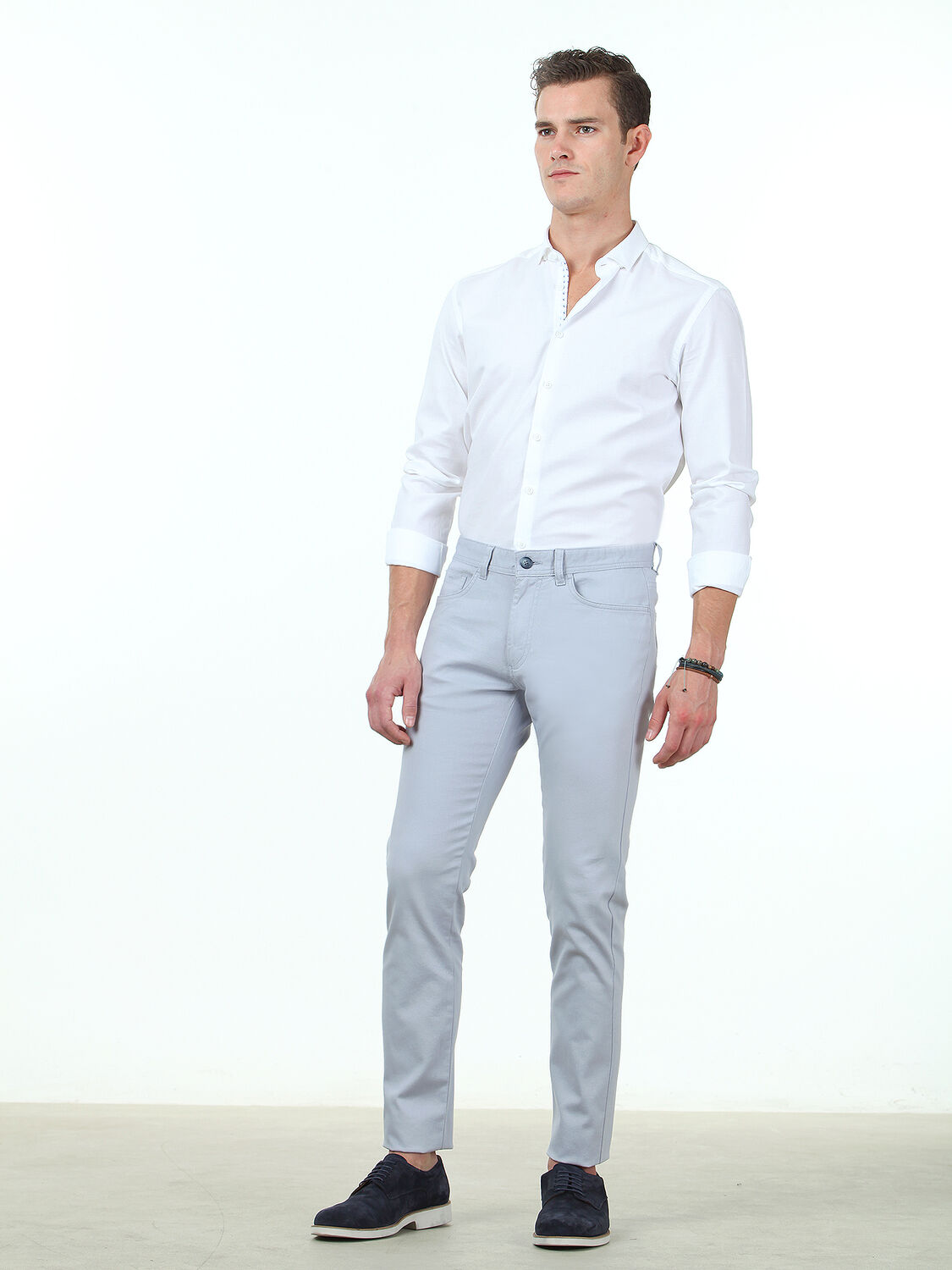 Açık Mavi Düz Dokuma Slim Fit Casual Pamuk Karışımlı Pantolon