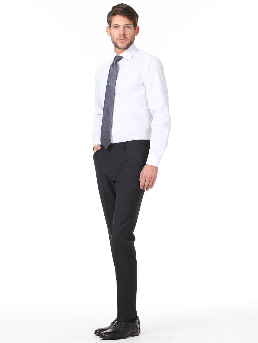 Siyah Düz Dokuma Slim Fit Klasik Yün Karışımlı Pantolon 