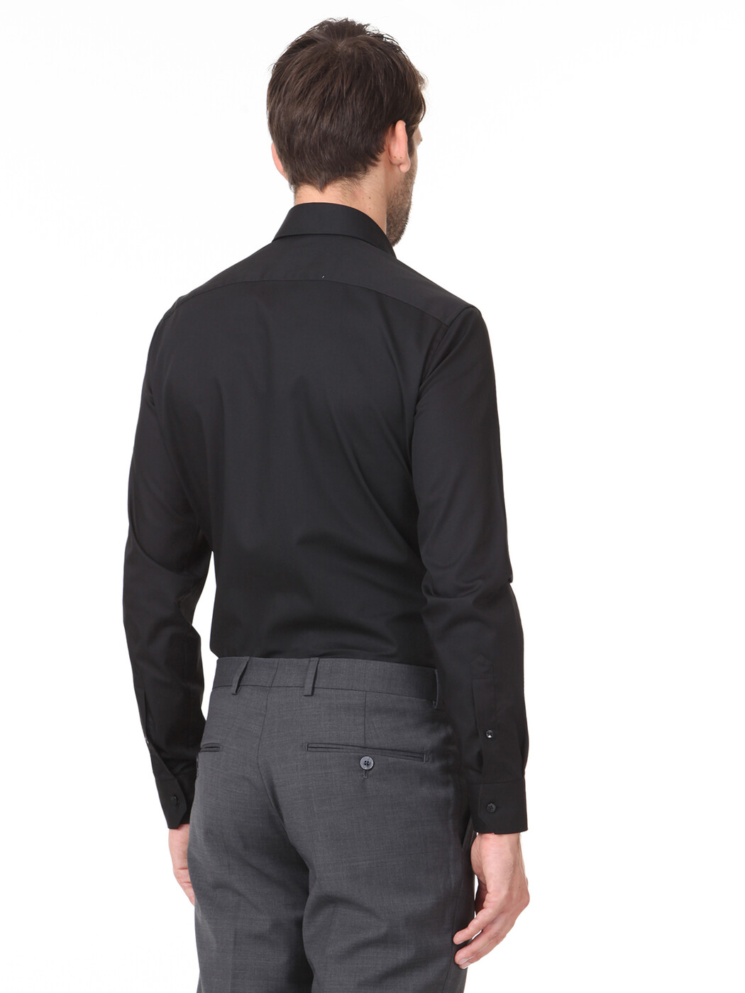 Siyah Düz Slim Fit Dokuma Klasik Pamuk Karışımlı Gömlek - Thumbnail