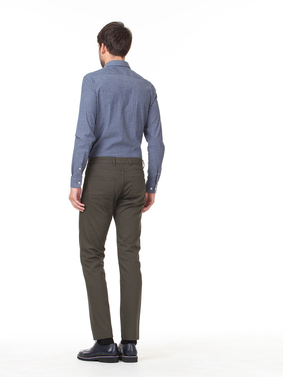Haki Düz Dokuma Slim Fit Casual Pamuk Karışımlı Pantolon