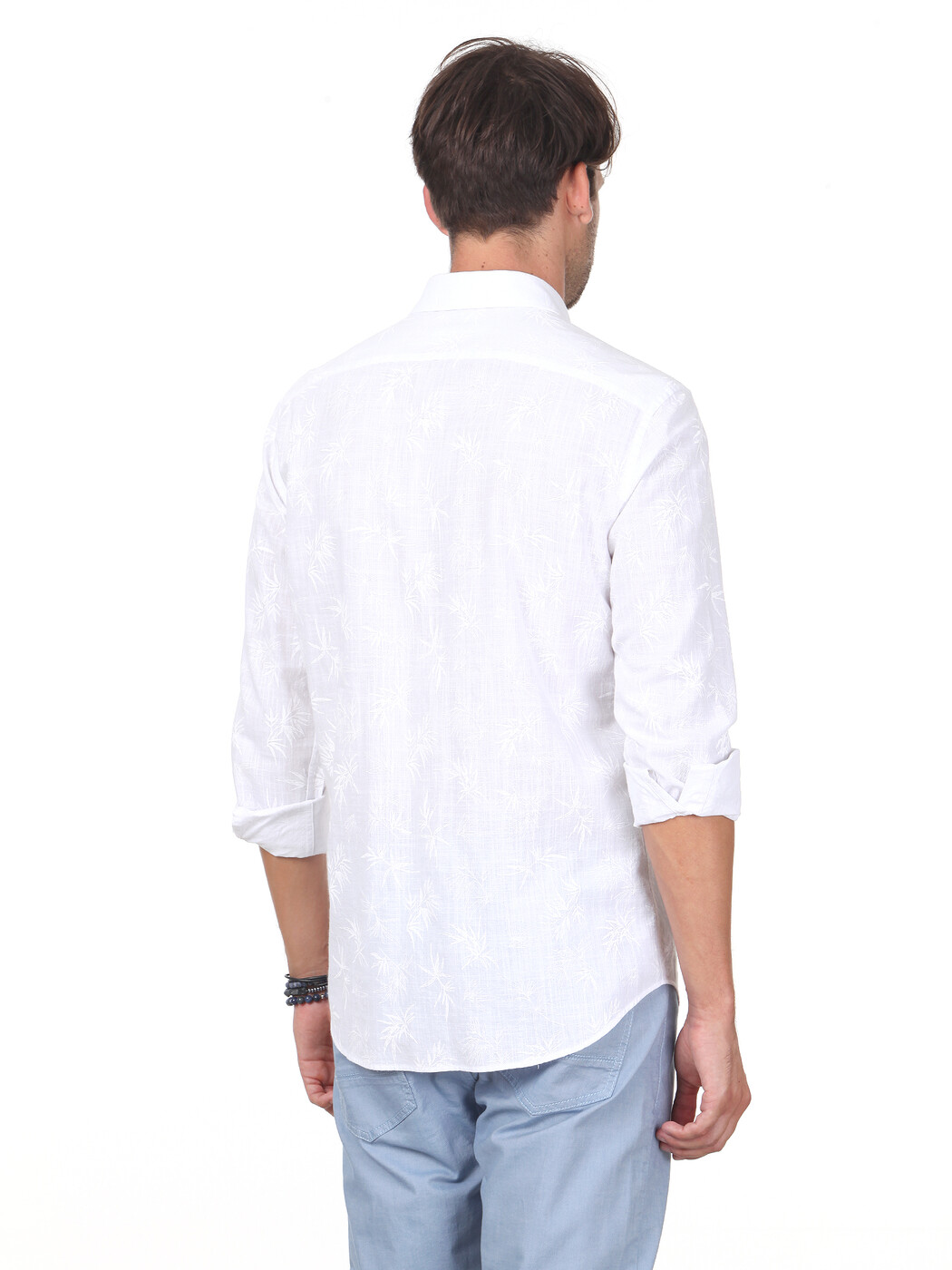 Beyaz Baskılı Regular Fit Dokuma Casual %100 Pamuk Gömlek - Thumbnail