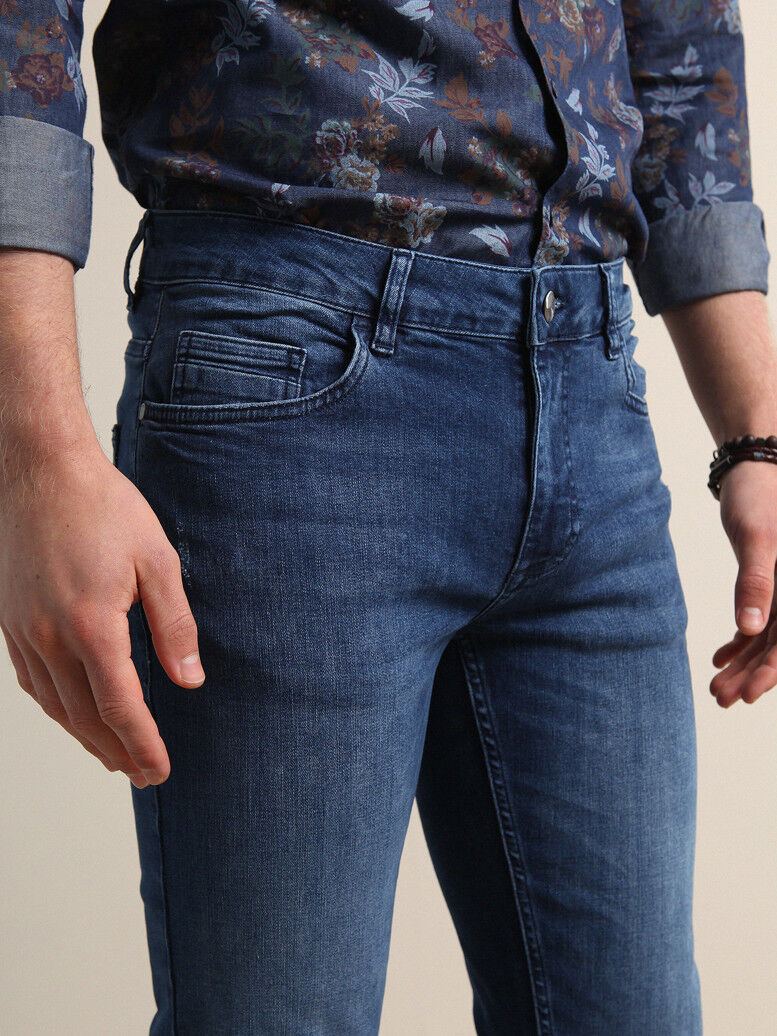 Açık Lacivert Slim Fit Denim Pamuk Karışımlı Pantolon