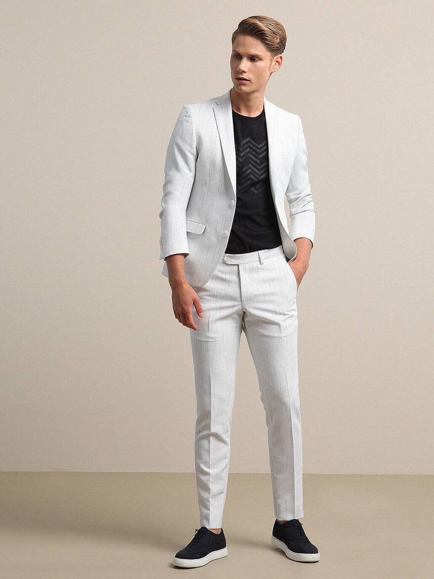 Beyaz Çizgili Slim Fit Takım Elbise - Thumbnail