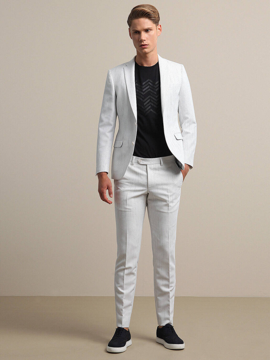 Beyaz Çizgili Slim Fit Takım Elbise - Thumbnail