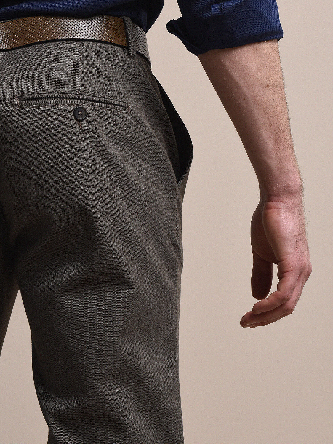Haki Çizgili Dokuma Slim Fit Casual Pamuk Karışımlı Pantolon