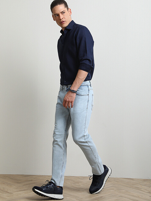 Açık Mavi Slim Fit Denim Pamuk Karışımlı Pantolon - Thumbnail