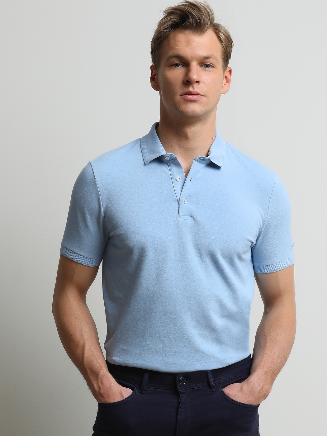 Mavi Düz Polo Yaka %100 Pamuk T-Shirt - Thumbnail
