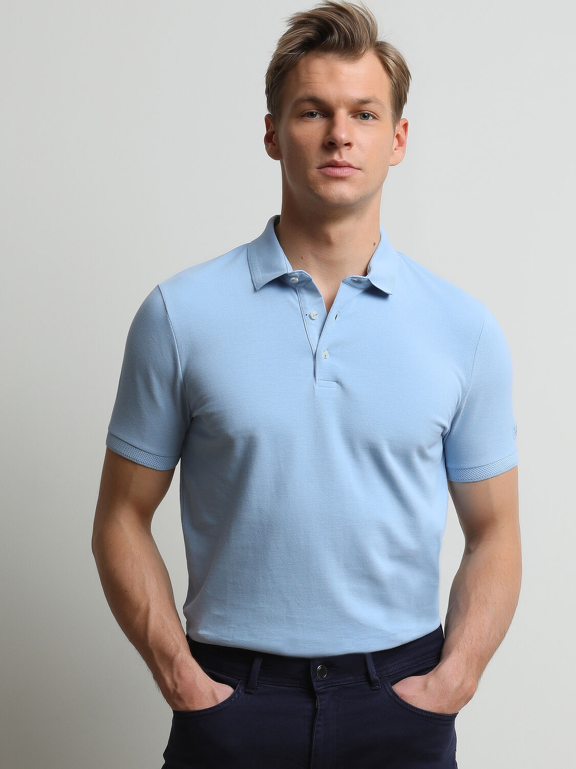 Mavi Düz Polo Yaka %100 Pamuk T-Shirt
