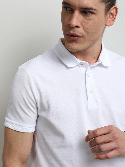 Beyaz Düz Polo Yaka %100 Pamuk T-Shirt - Thumbnail