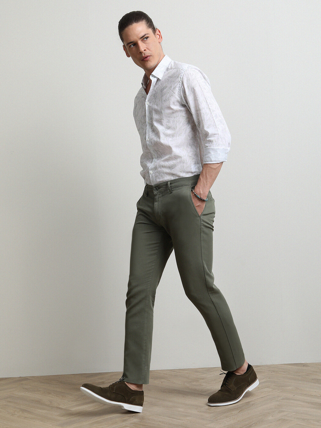 Haki Dokuma Slim Fit Smart Casual Pamuk Karışımlı Pantolon - Thumbnail