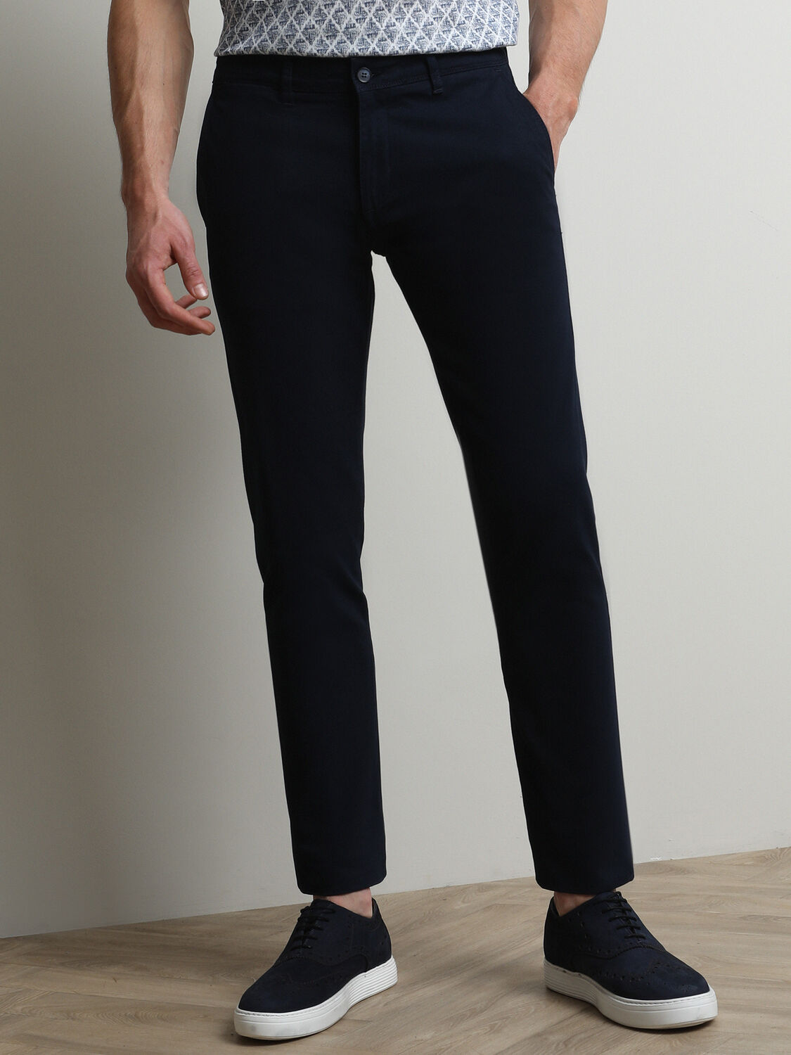 Lacivert Düz Dokuma Regular Fit Casual Pamuk Karışımlı Pantolon