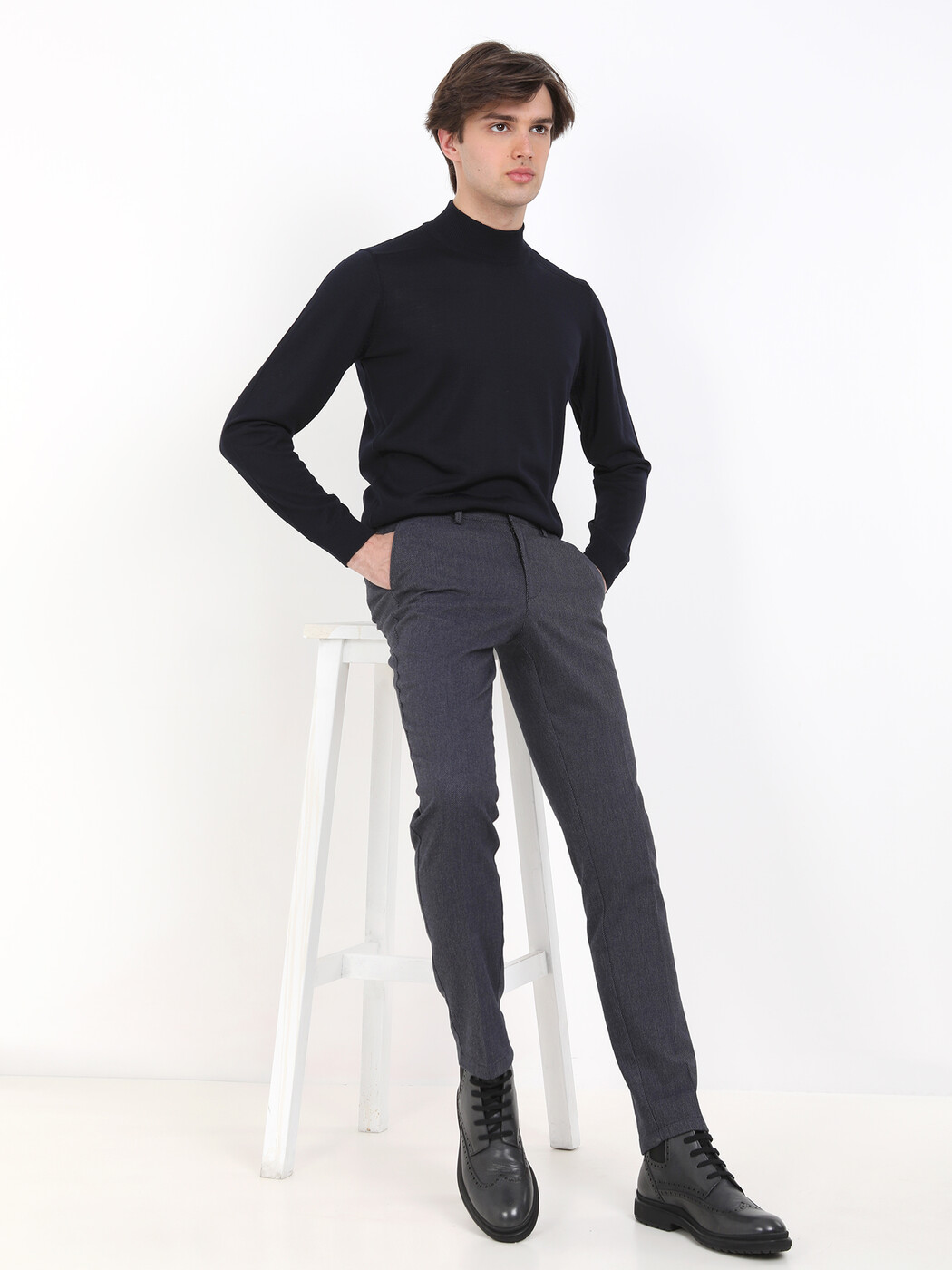 Lacivert Desenli Dokuma Slim Fit Smart Casual Pamuk Karışımlı Pantolon - Thumbnail