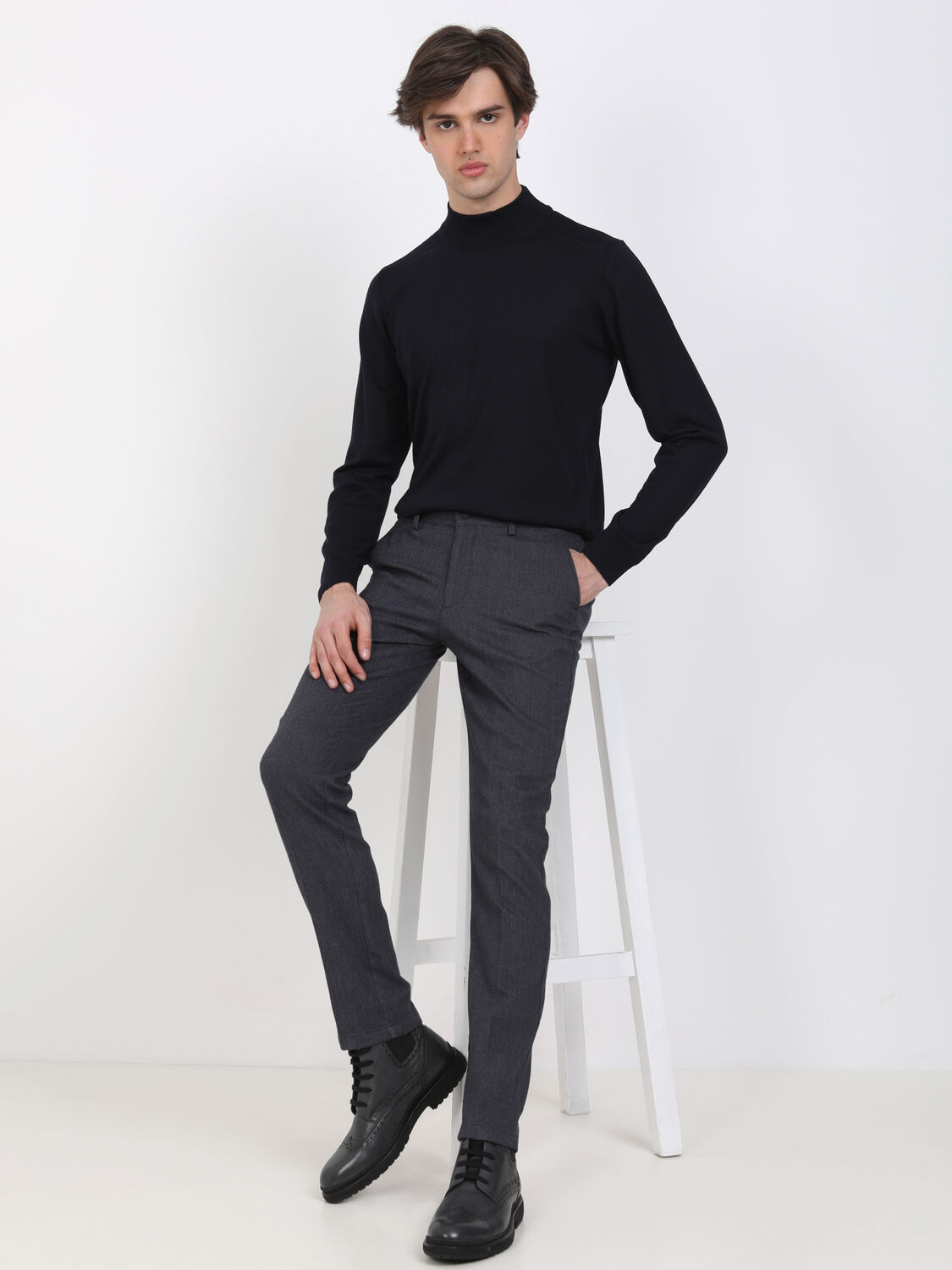 Lacivert Desenli Dokuma Slim Fit Smart Casual Pamuk Karışımlı Pantolon
