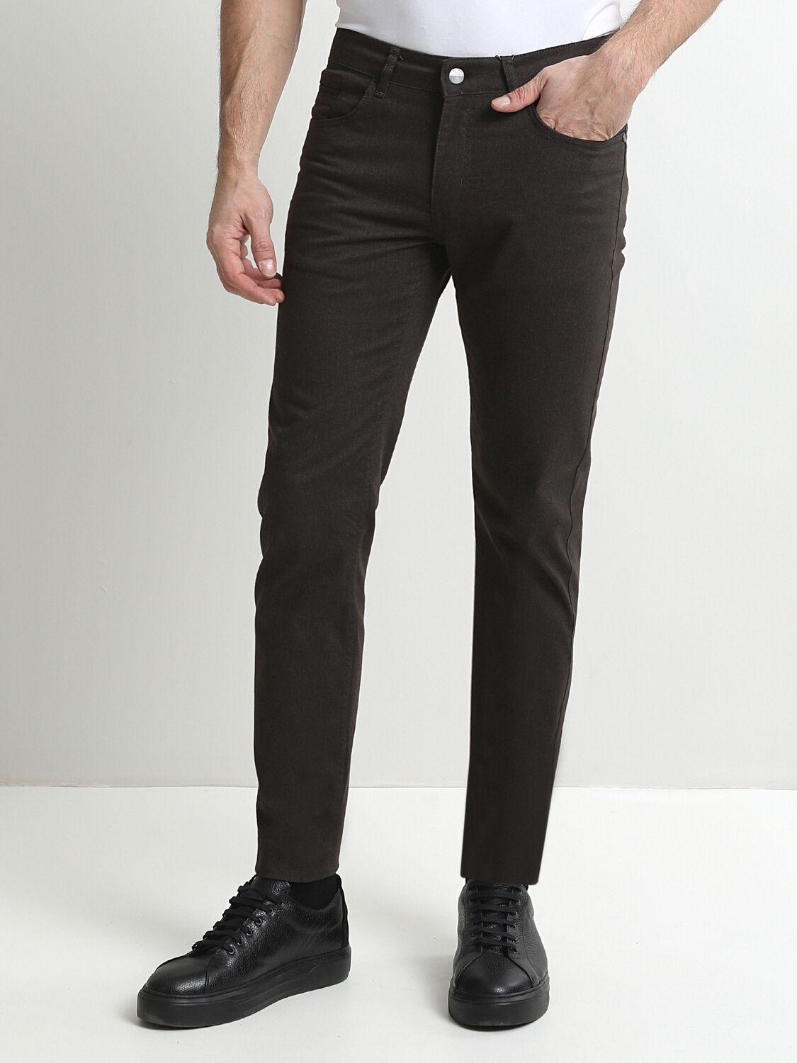 Kahverengi Düz Denim Regular Fit Casual Pamuk Karışımlı Pantolon