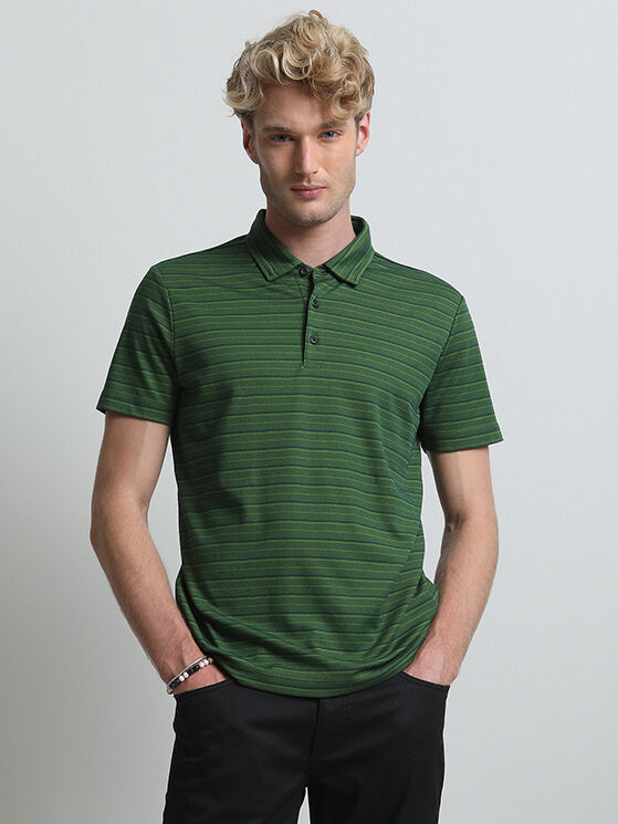 Yeşil Çizgili Polo Yaka Pamuk Karışımlı T-Shirt