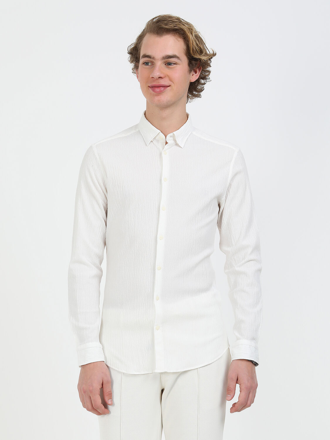 Beyaz Düz Slim Fit Dokuma Casual Pamuk Karışımlı Gömlek