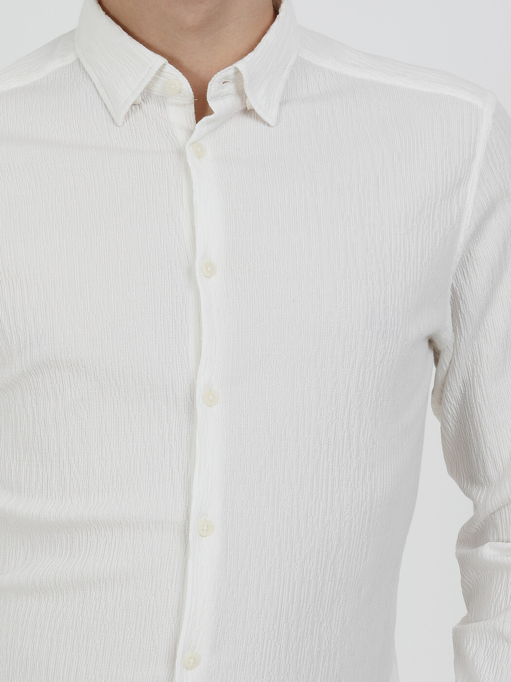 Beyaz Düz Slim Fit Dokuma Casual Pamuk Karışımlı Gömlek - Thumbnail