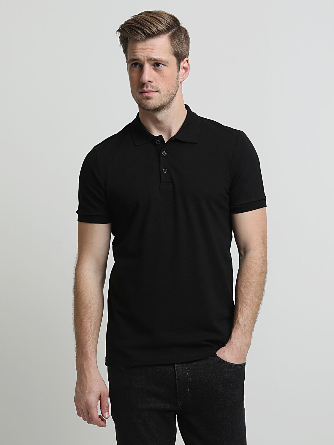 Siyah Düz Polo Yaka %100 Pamuk T-Shirt