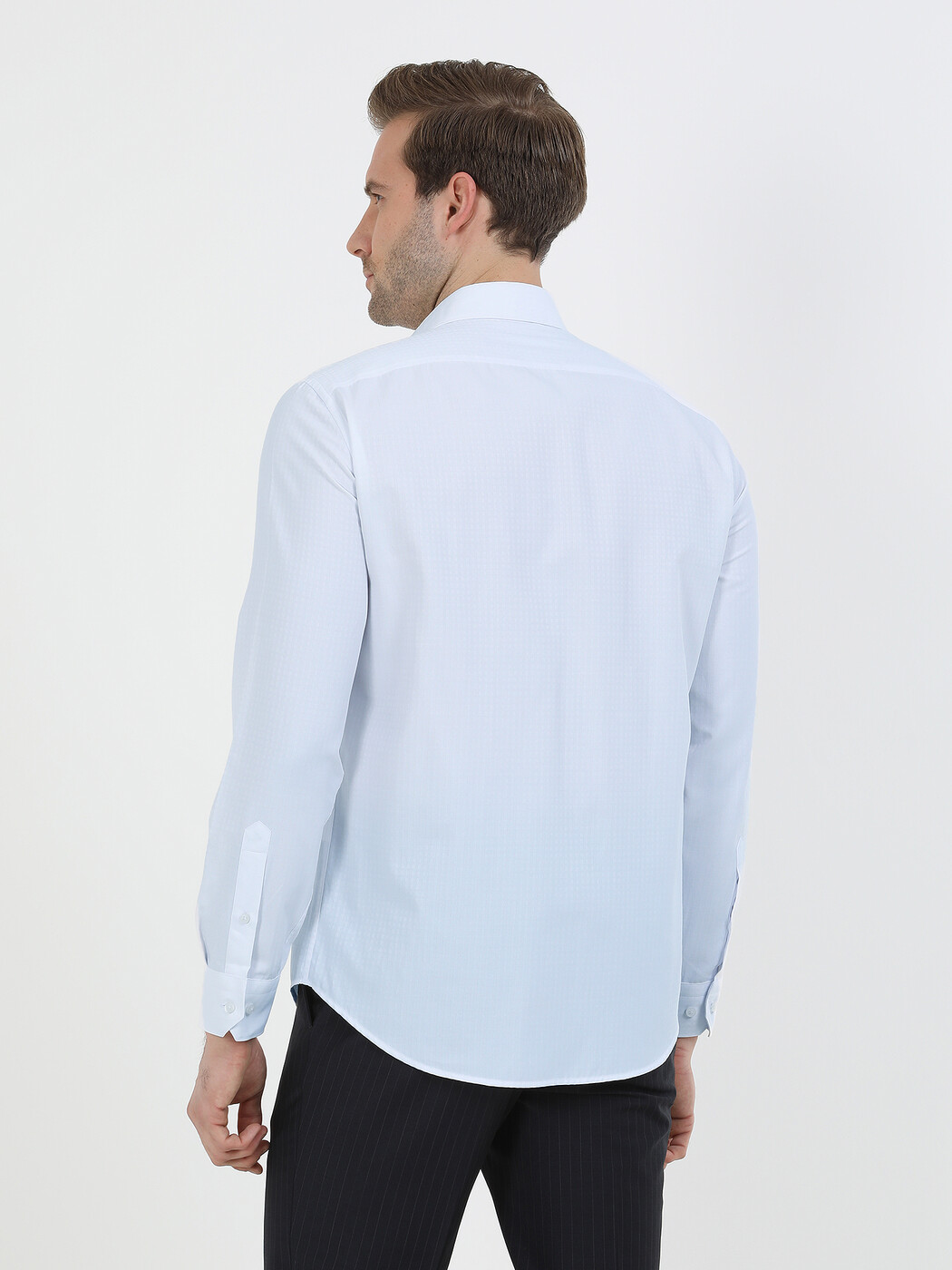 Açık Mavi Mikro Slim Fit Dokuma Klasik Pamuk Karışımlı Gömlek - Thumbnail
