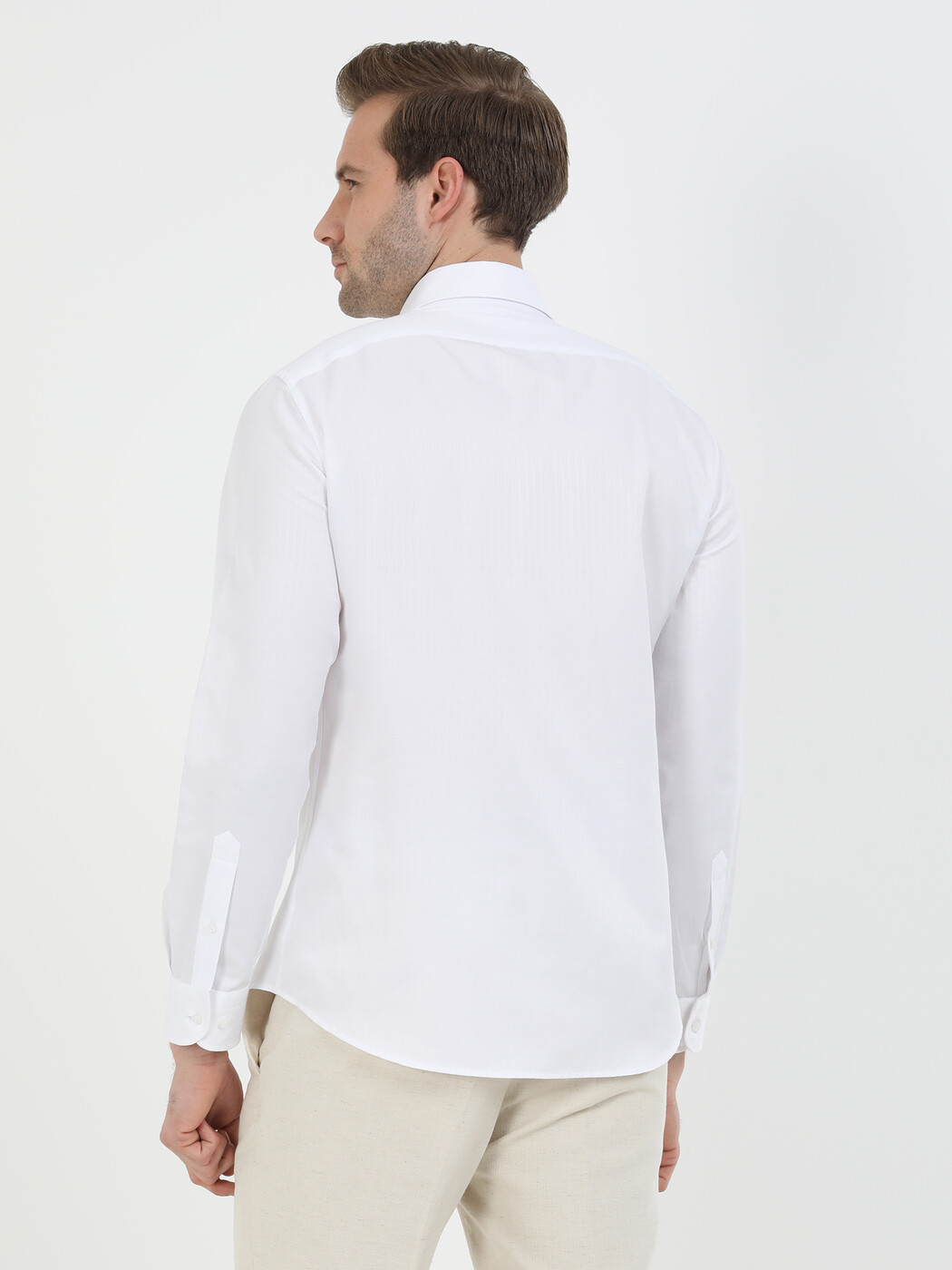 Beyaz Çizgili Slim Fit Dokuma Klasik Pamuk Karışımlı Gömlek - Thumbnail