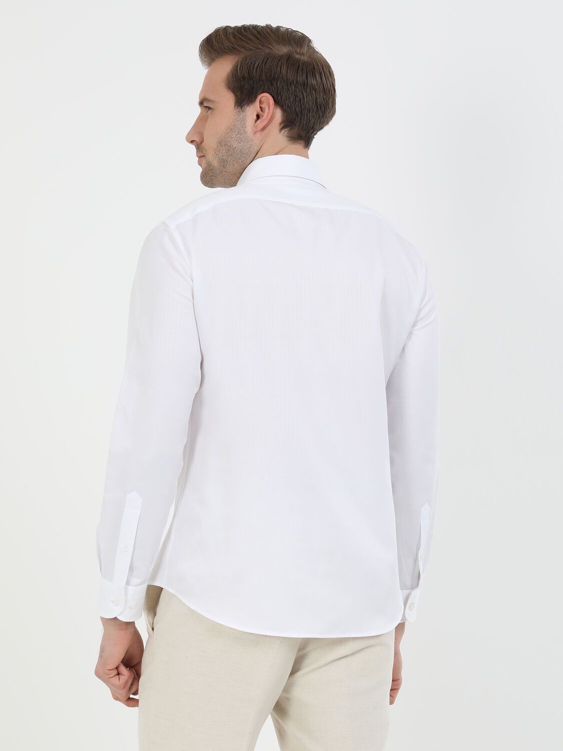 Beyaz Çizgili Slim Fit Dokuma Klasik Pamuk Karışımlı Gömlek