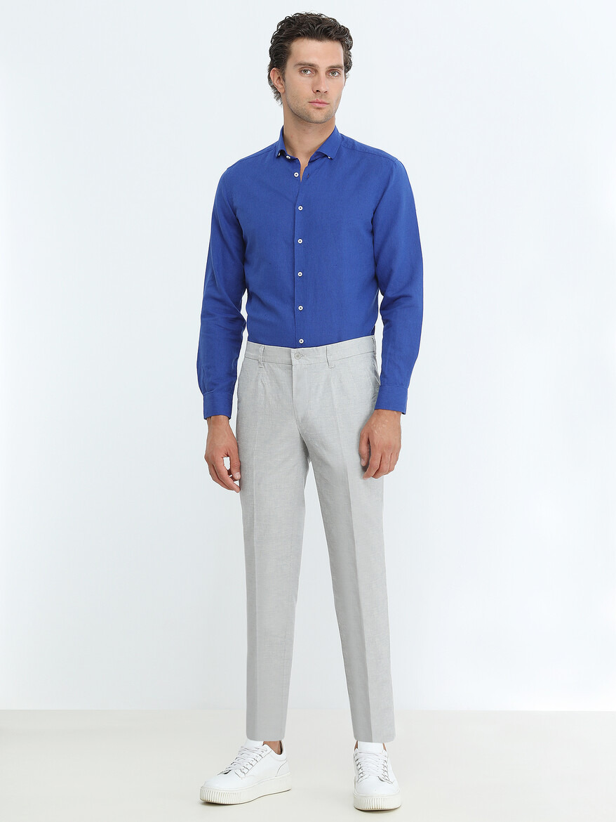 Açık Mavi Dokuma Slim Fit Smart Casual Pamuk Karışımlı Pantolon - Thumbnail