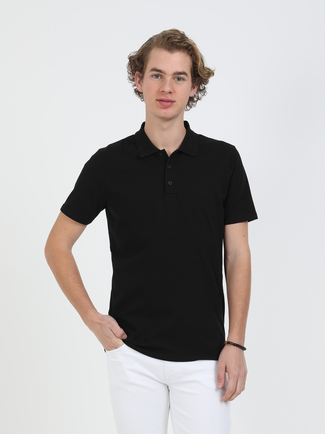 Siyah Baskılı Polo Yaka %100 Pamuk T-Shirt - Thumbnail