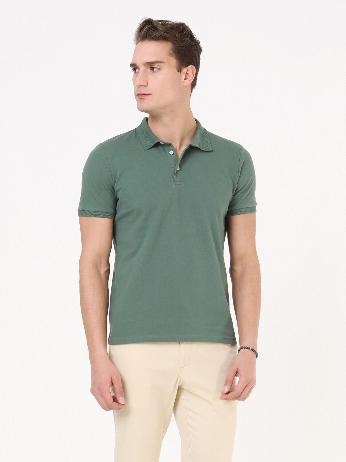 Yeşil Düz Polo Yaka %100 Pamuk T-Shirt