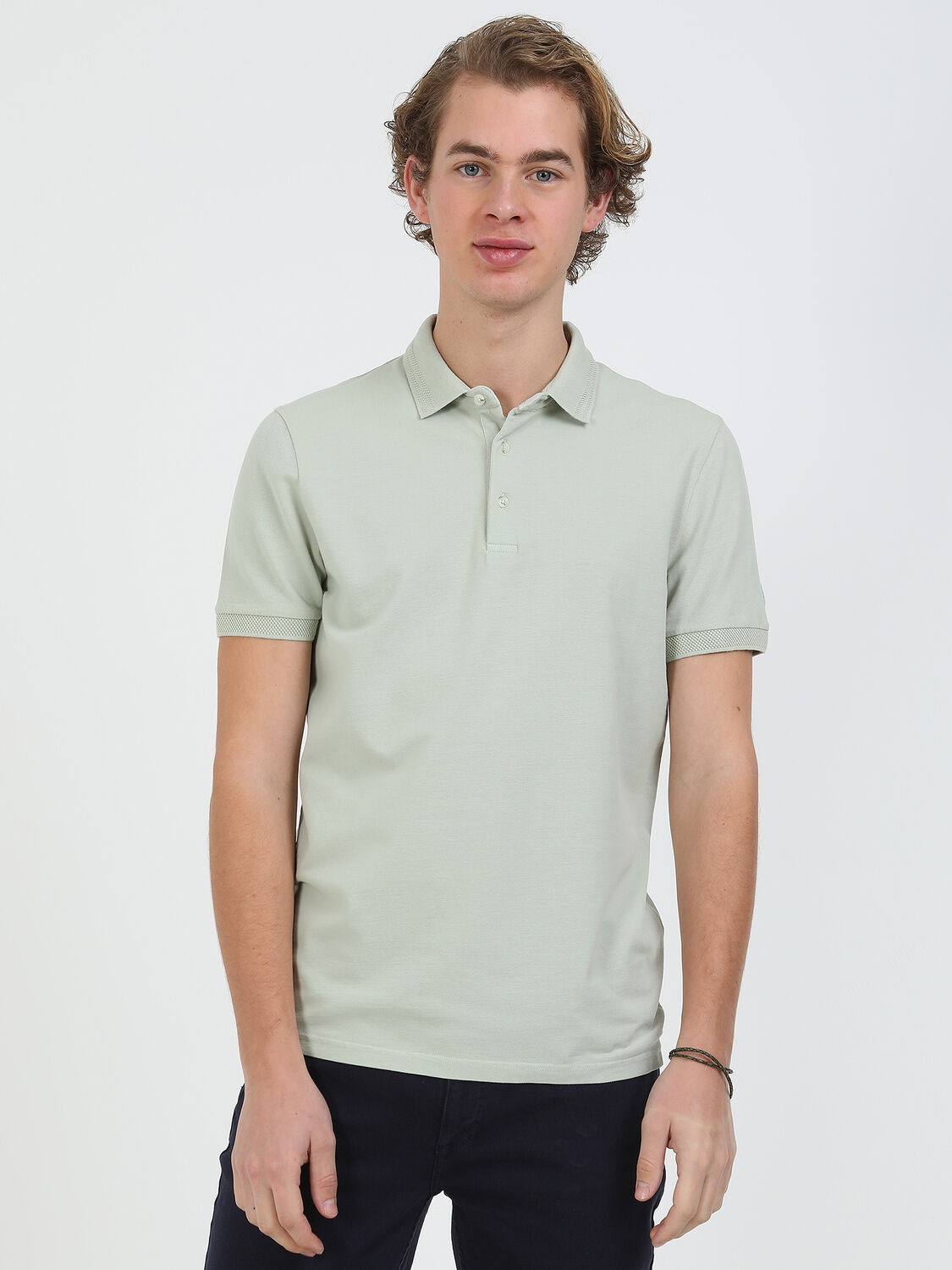 Nil Yeşili Düz Polo Yaka %100 Pamuk T-Shirt