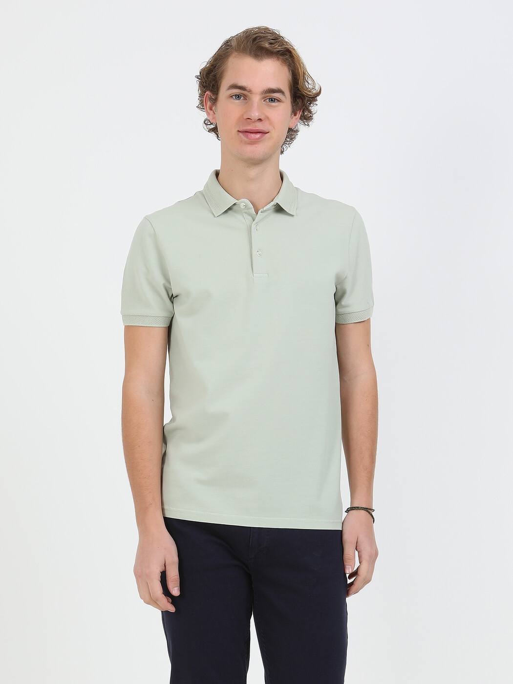 Nil Yeşili Düz Polo Yaka %100 Pamuk T-Shirt - Thumbnail