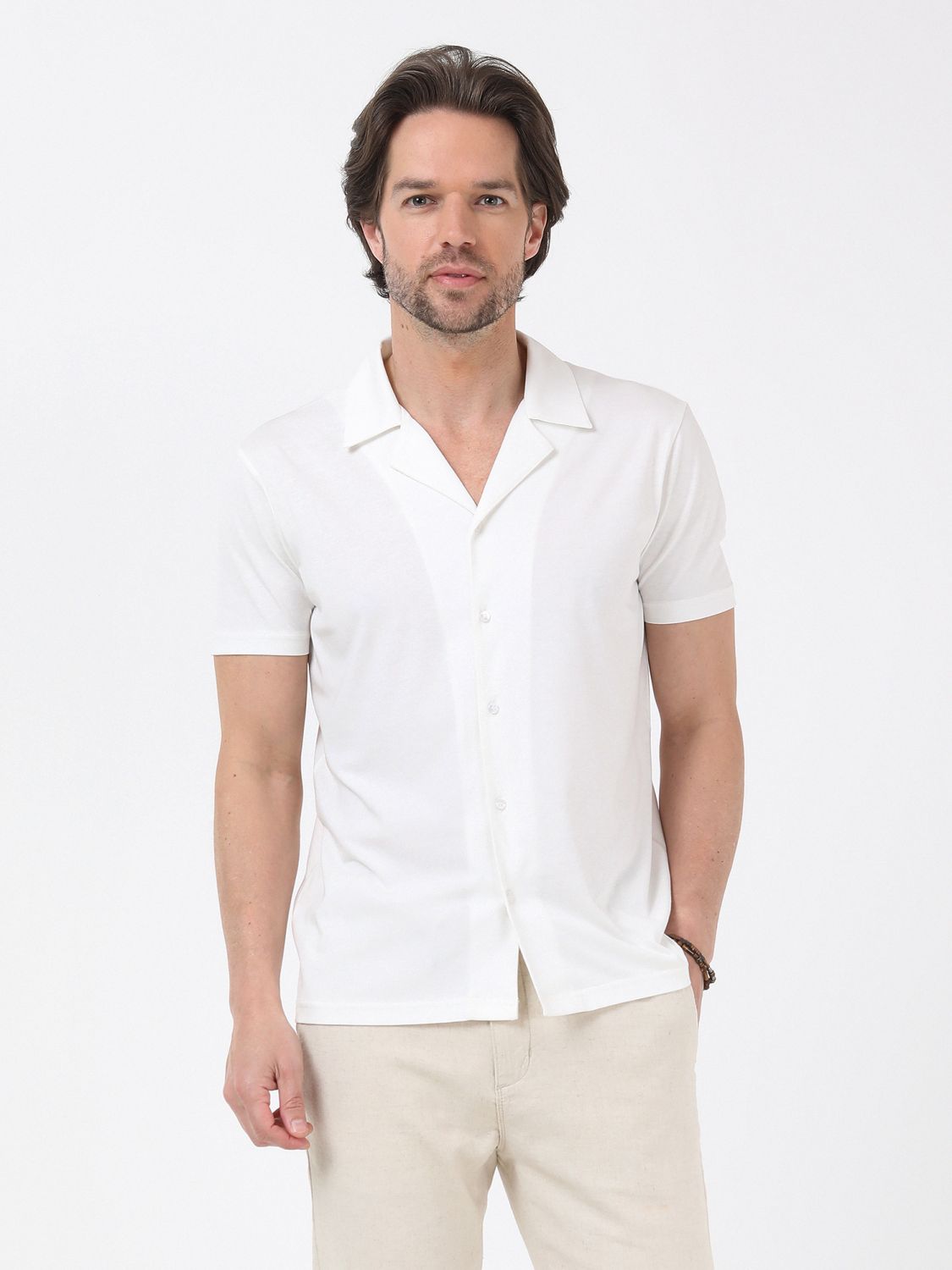Beyaz Düz Regular Fit Casual Pamuk Karışımlı Gömlek