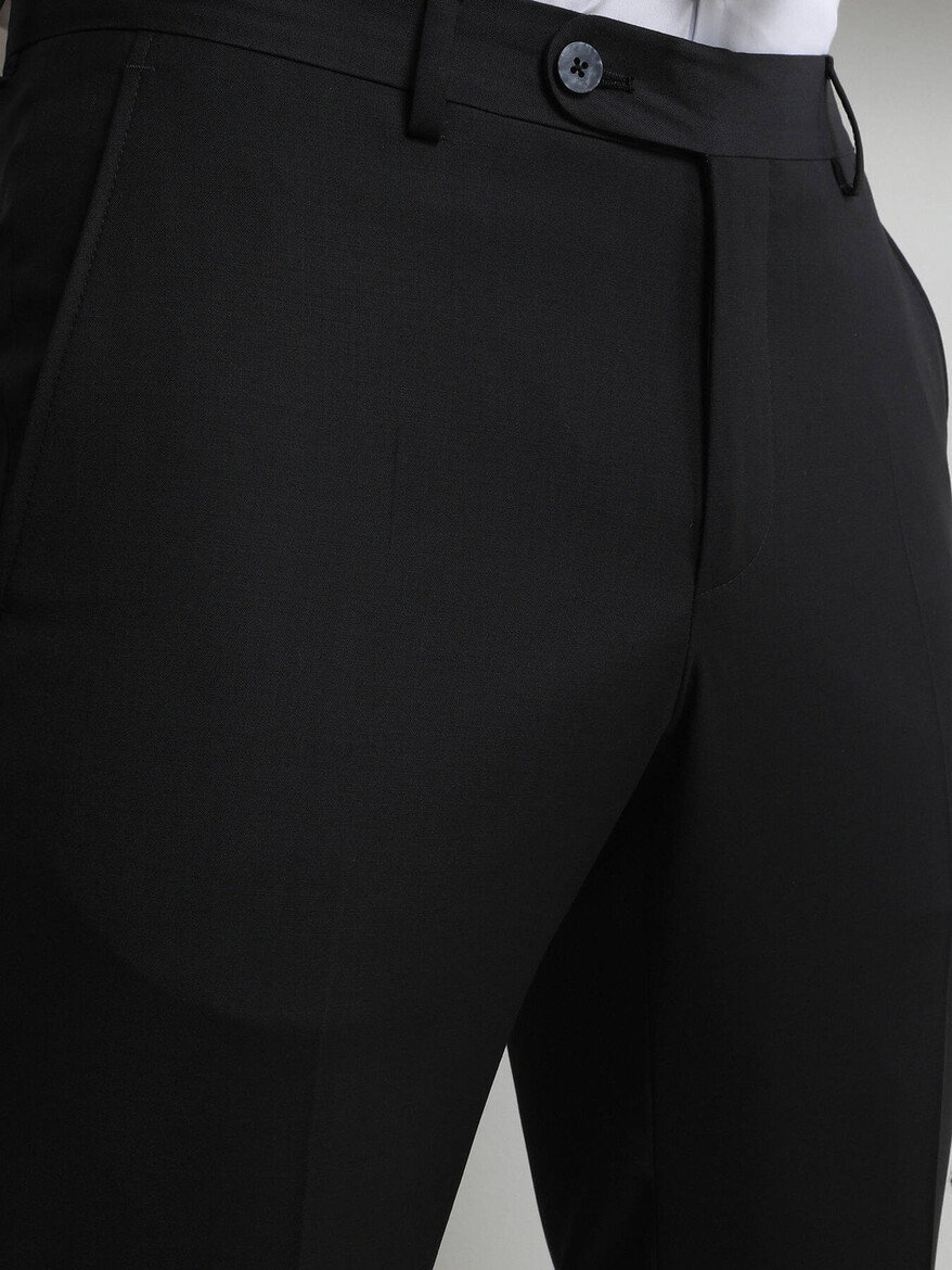 Siyah Düz Dokuma Slim Fit Klasik Yün Karışımlı Pantolon - Thumbnail