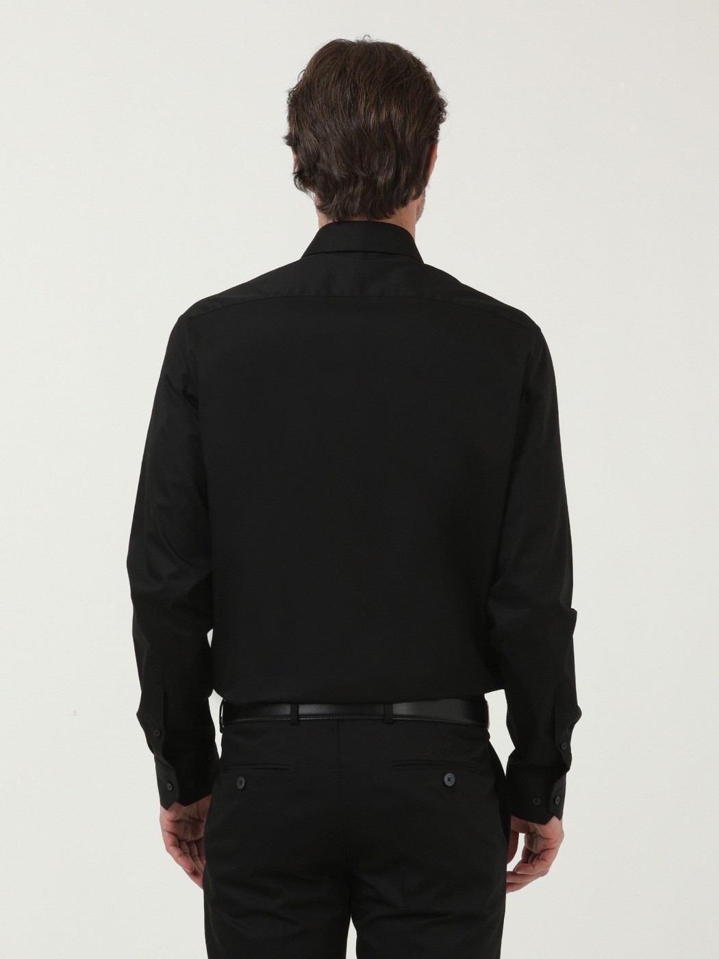 Siyah Düz Regular Fit Dokuma Klasik Pamuk Karışımlı Gömlek - Thumbnail