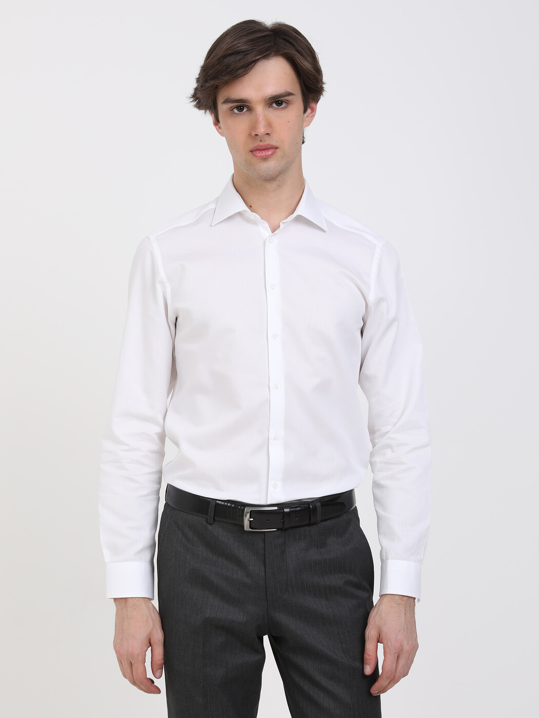 Beyaz Mikro Slim Fit Dokuma Klasik %100 Pamuk Gömlek - Thumbnail