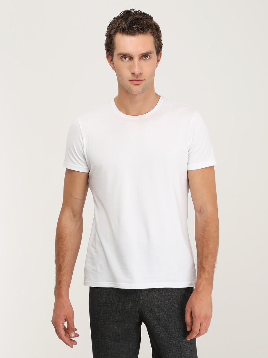 Beyaz Pamuk Karışımlı T-Shirt - Thumbnail